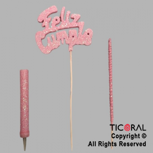 ADORNO DE TORTA SET FELIZ CUMPLE CON BENGALA Y VELA GIBRE ROSA x 1